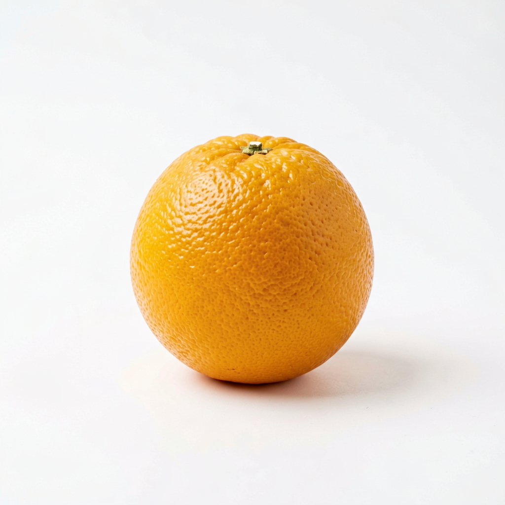 Actual output from the Agnes Image 2.1 Flash API test: a single orange on a white studio background with a soft shadow