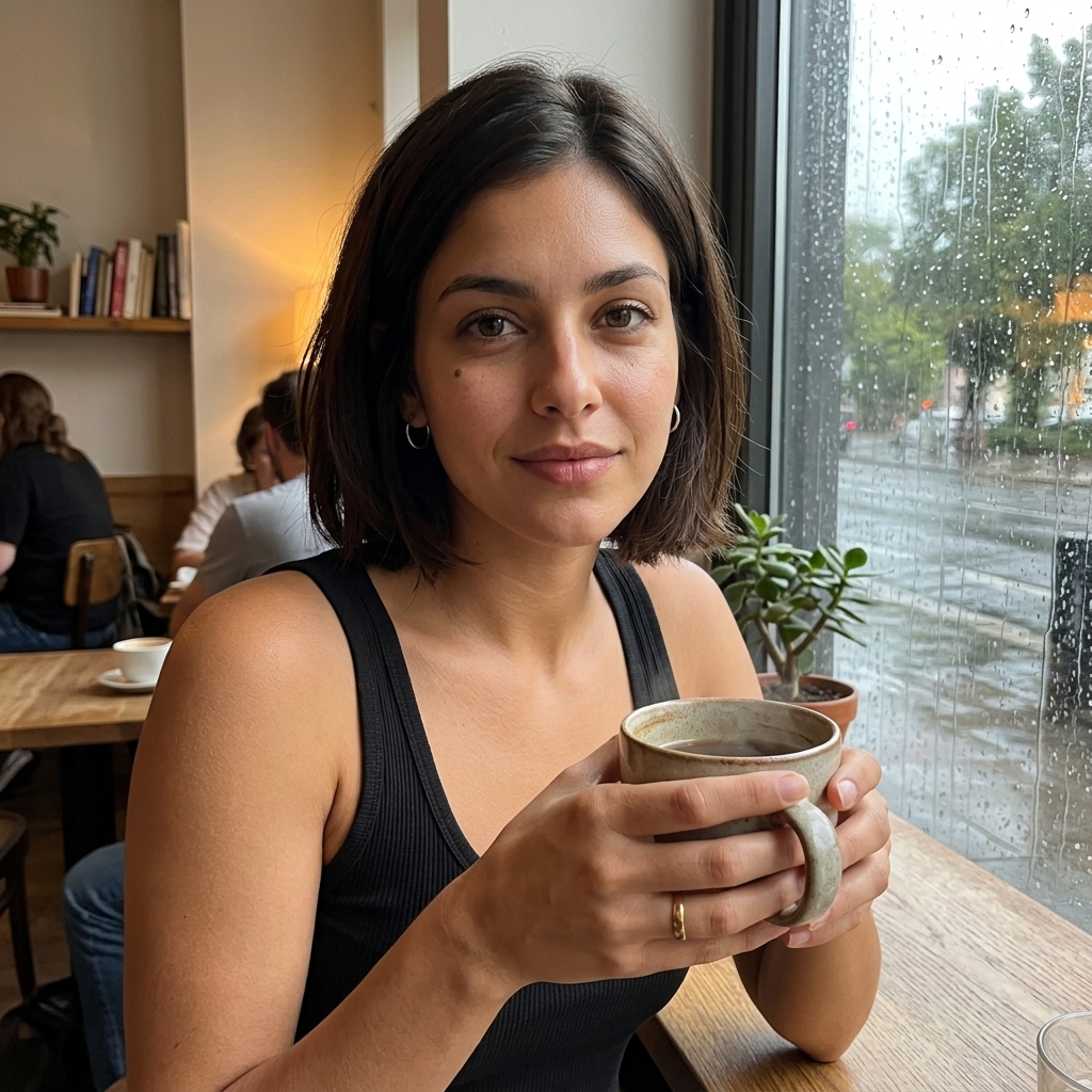 Nano Banana 2 rainy café portrait of the same fictional woman holding a ceramic mug