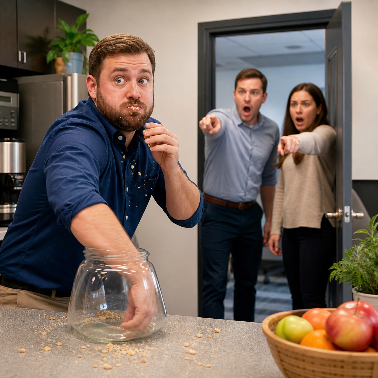 The last-cookie mystery is solved: an empty jar, a mouthful of evidence, and two coworkers arriving at the perfect moment.