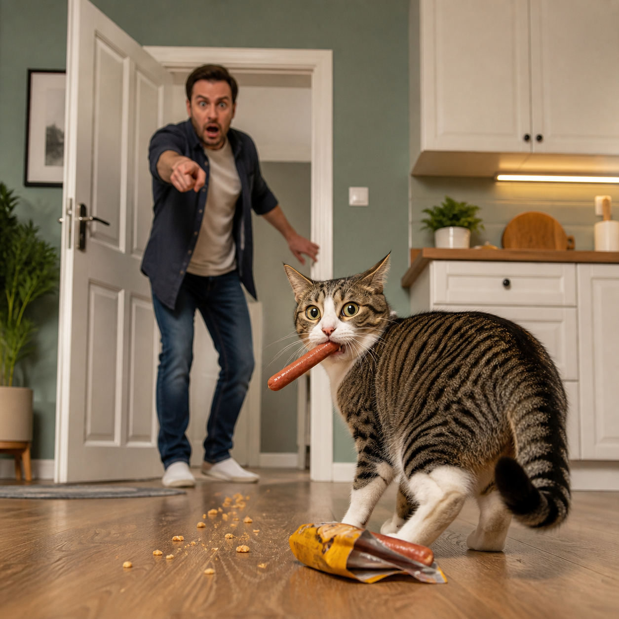 The cat looks innocent, but the sausage, open package, and trail of crumbs tell a very different story.