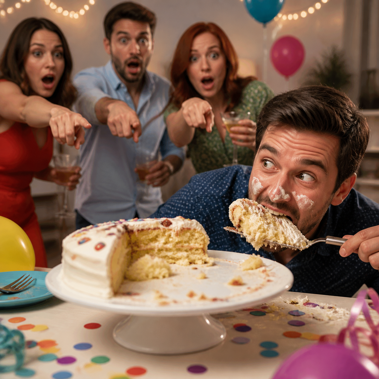 A birthday guest tries to finish the evidence, but the missing cake and frosting-covered face make the culprit obvious.