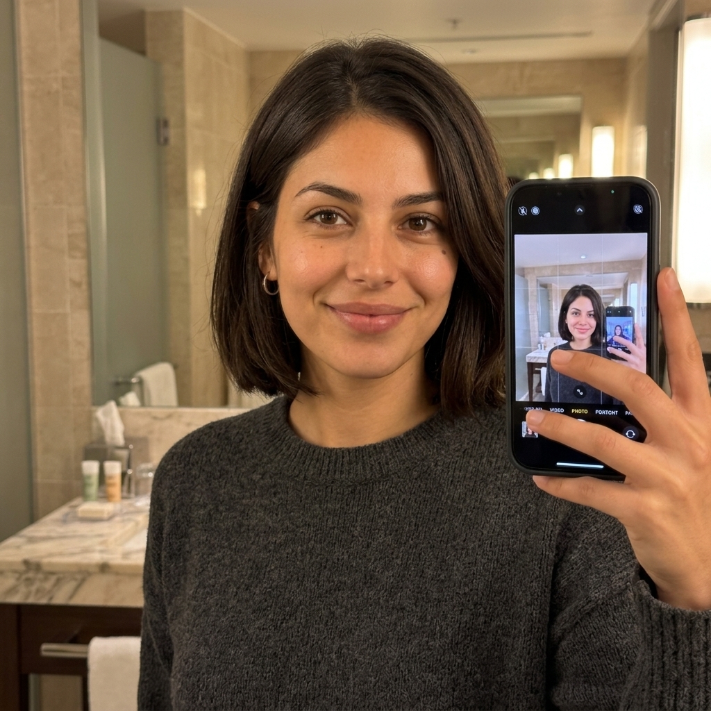 Nano Banana 2 hotel bathroom mirror selfie of the same fictional woman in a charcoal sweater