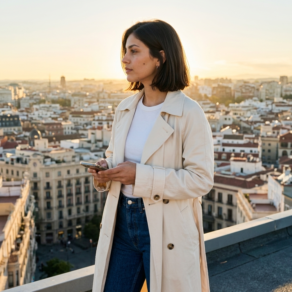 Nano Banana 2 rooftop portrait of the same fictional woman in a cream trench coat