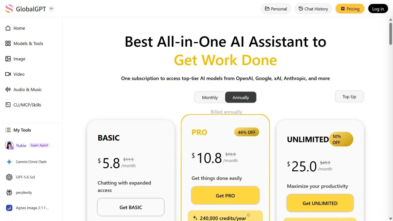 GlobalGPT Basic, Pro, and Unlimited annual pricing plans