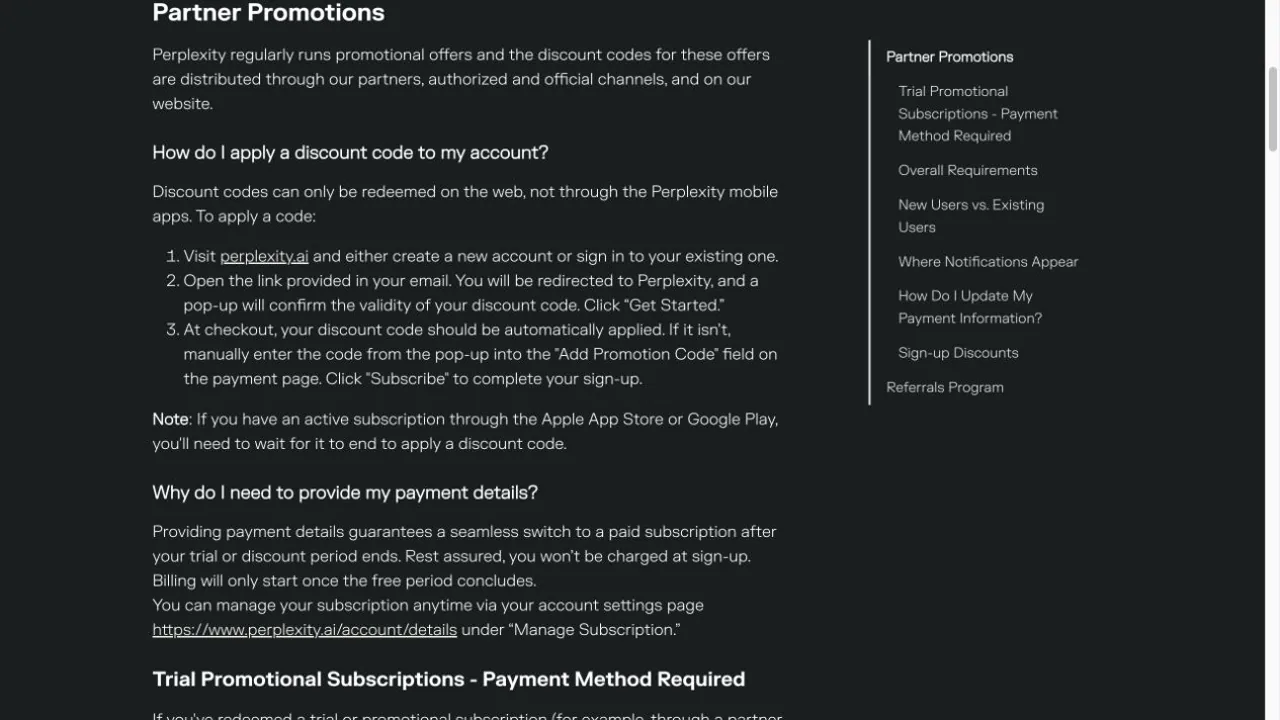 Perplexity official help center explaining partner promotions and discount-code channels