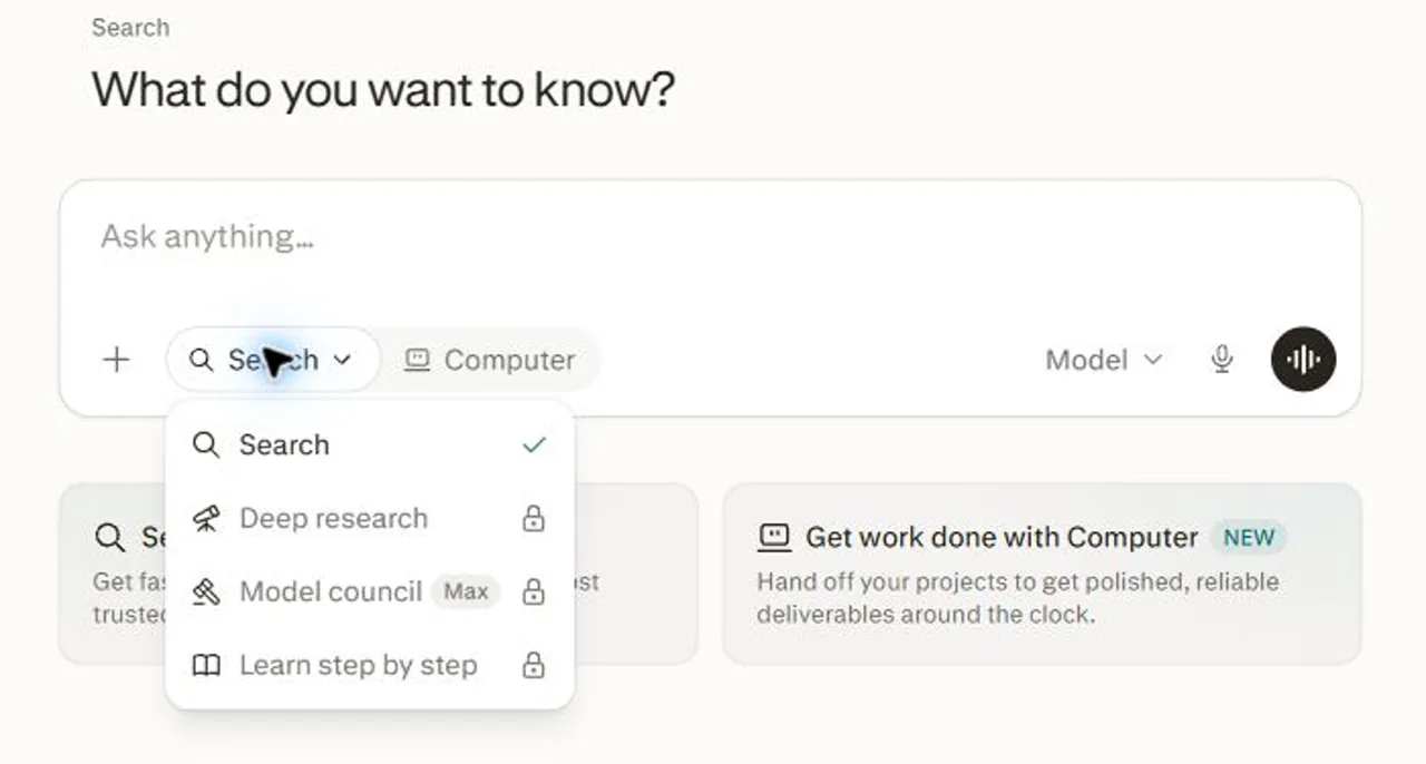 Perplexity Search menu showing Search, Deep research, Model council, and Learn step by step