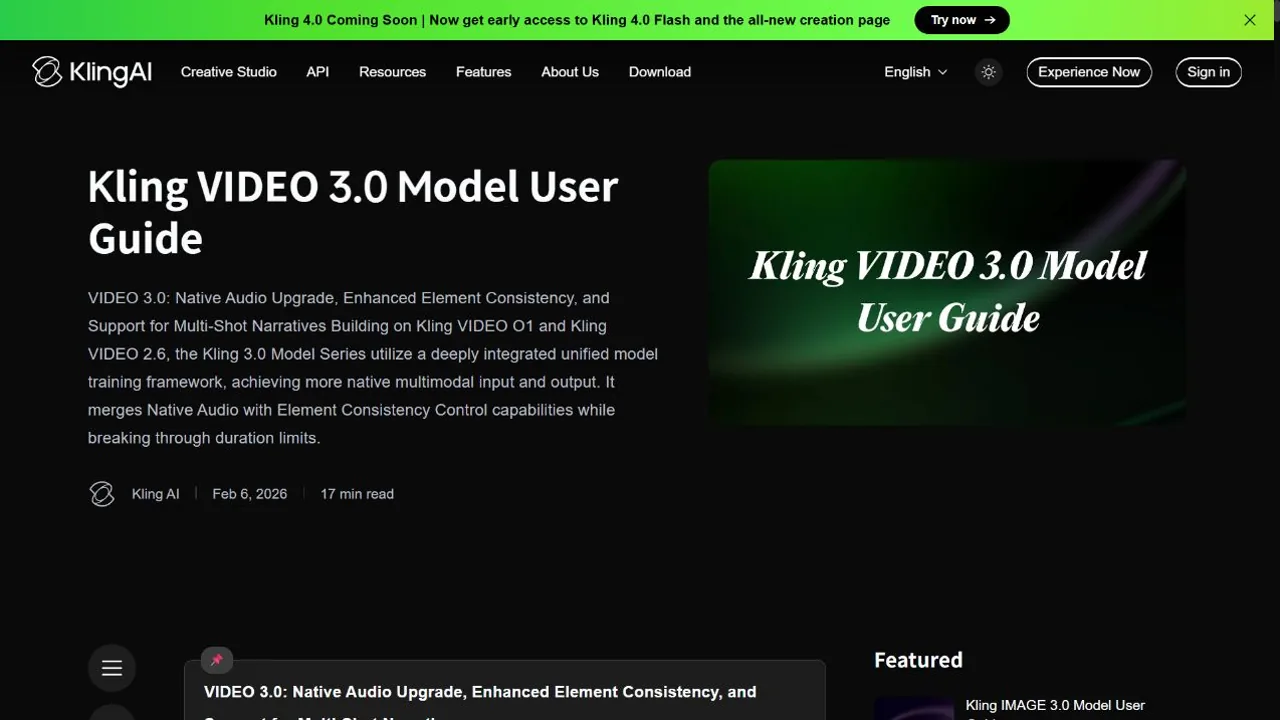 Guida ufficiale Kling VIDEO 3.0 con il banner di accesso anticipato a Kling 4.0 Flash