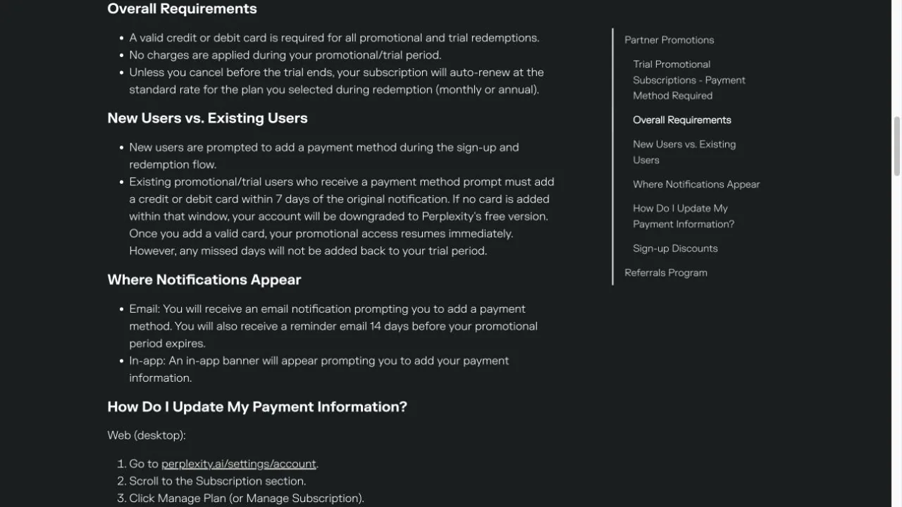 Perplexity promotion terms explaining payment method requirements and automatic renewal
