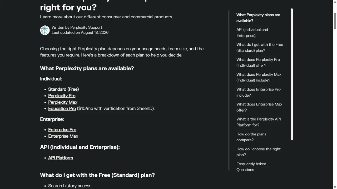 Perplexity official help page listing Standard, Pro, Max, and Education Pro plans