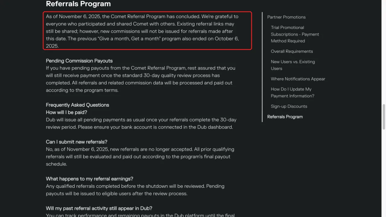 Perplexity help center showing that its former referral programs have ended