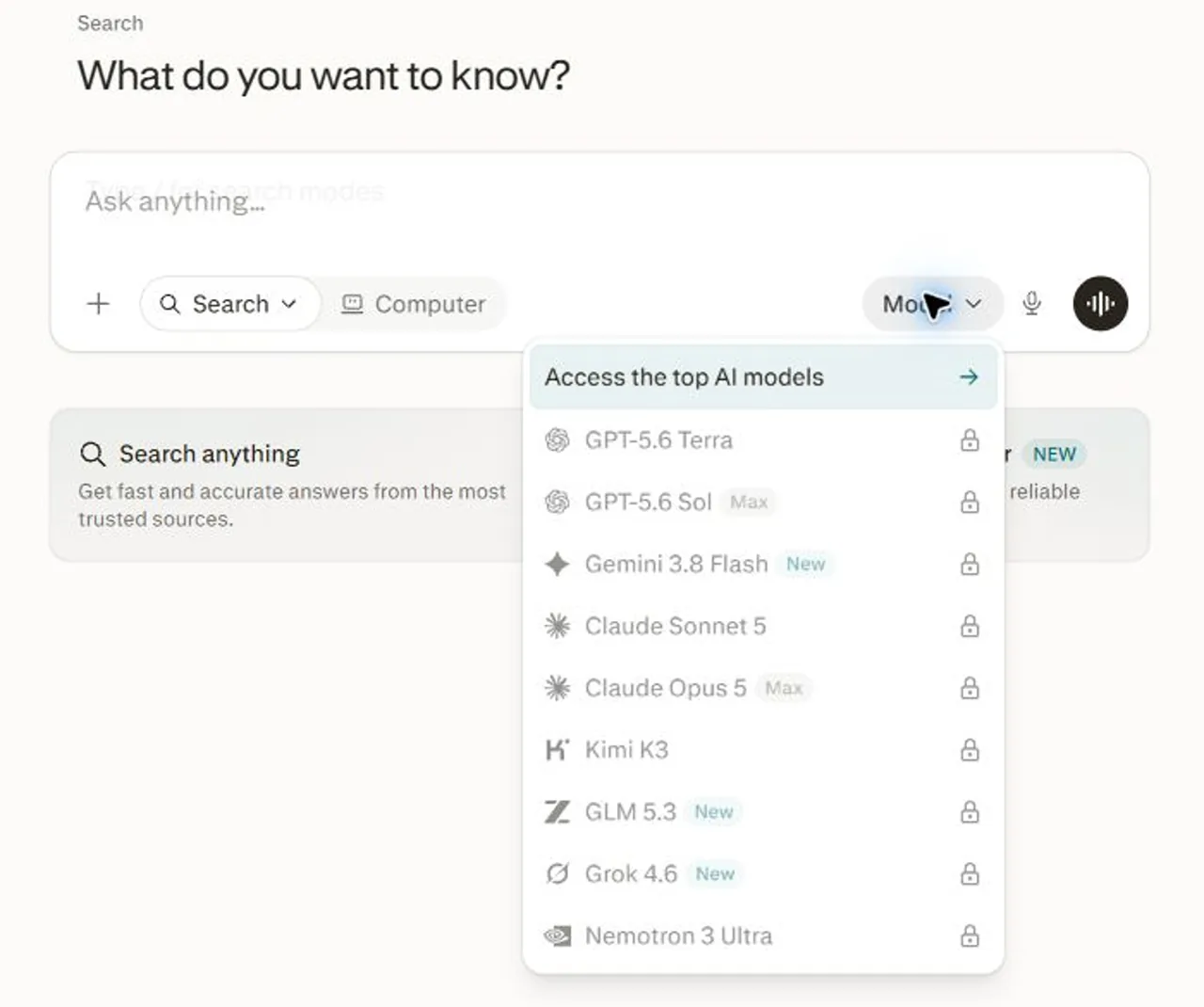 Perplexity Model menu on the right of the Search input, showing advanced models with lock icons in a signed-out session