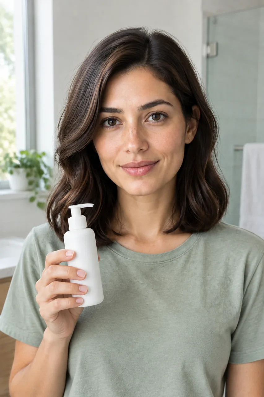 Consistent AI character holding an unbranded skincare pump bottle