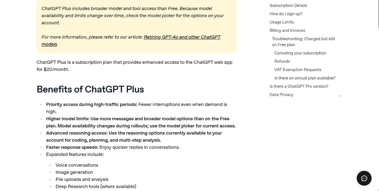 OpenAI help page showing the ChatGPT Plus monthly price and benefits