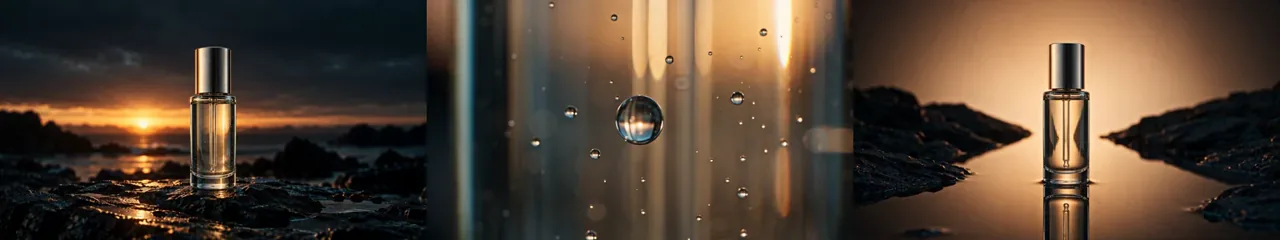 Five cinematic serum video stages from wide shot to macro detail and final hero frame