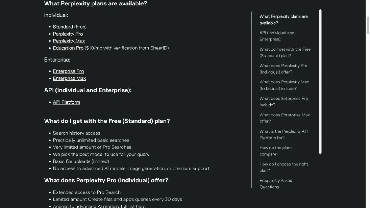 Perplexity plan guide showing Education Pro at 10 dollars per month with verification