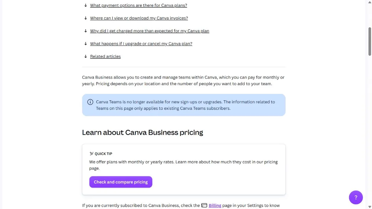 Canva official help page explaining location-dependent Business pricing