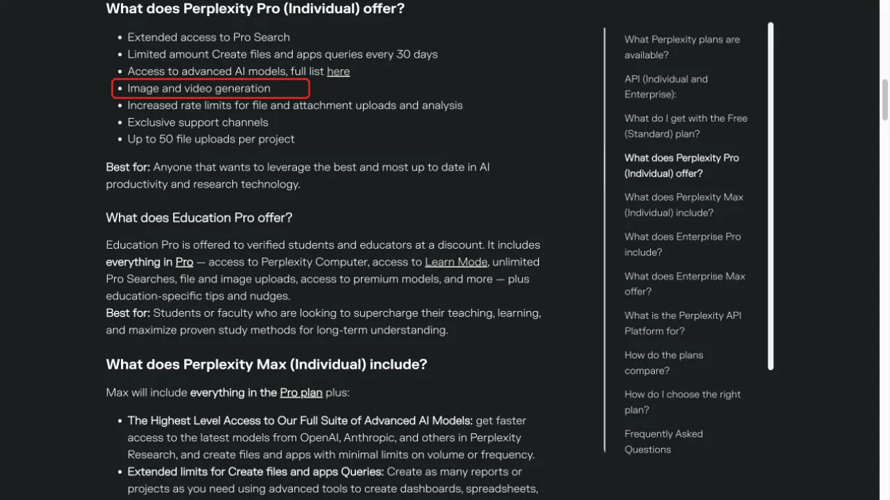 Perplexity Pro features list highlighting image and video generation