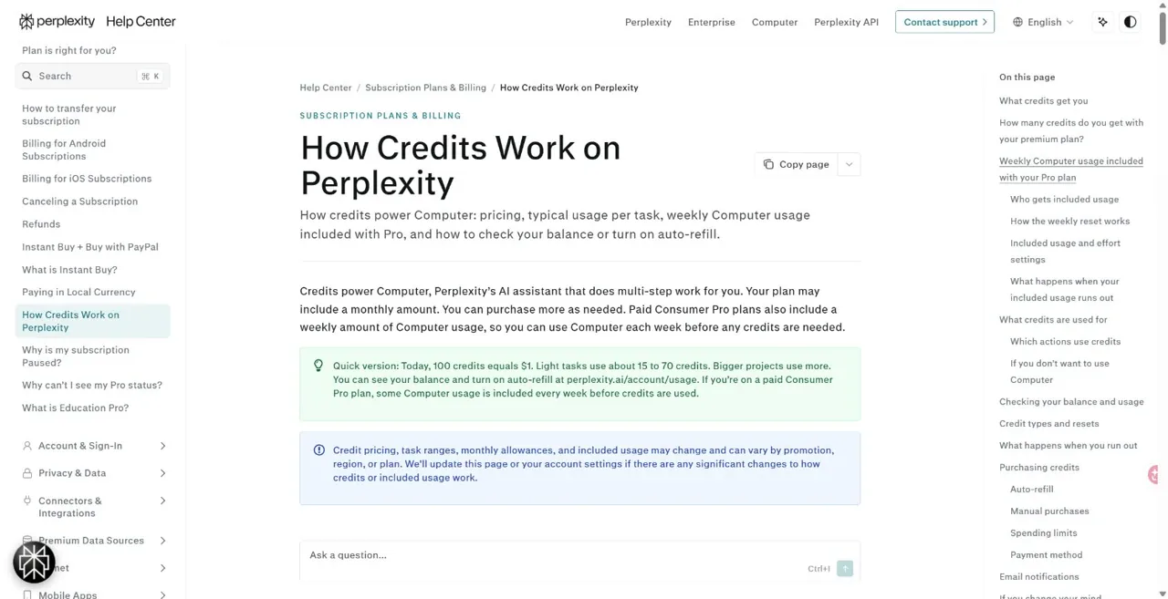 Perplexity Pro 付费版每周电脑使用及积分规则