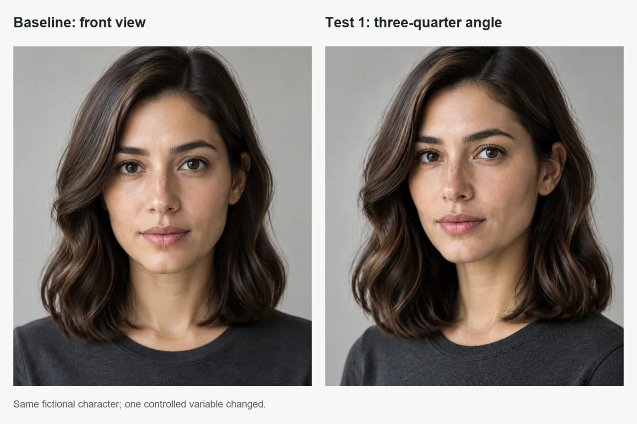 Front and three-quarter portraits of the same AI character