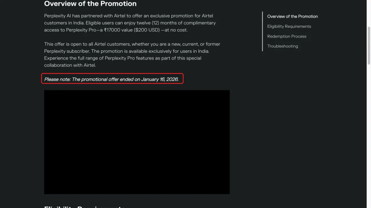 Perplexity Airtel promotion page showing the offer ended January 16 2026