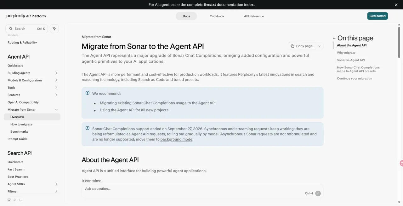 Perplexity Sonar 迁移至 Agent API 的通知