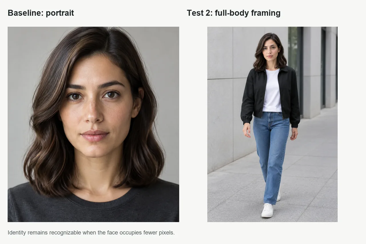 The same AI character shown in portrait and full-body street photographs