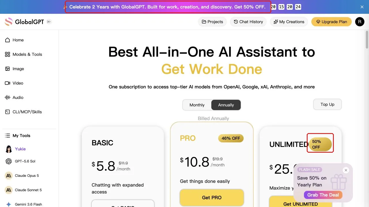 GlobalGPT annual pricing page advertising discounts of up to 50 percent