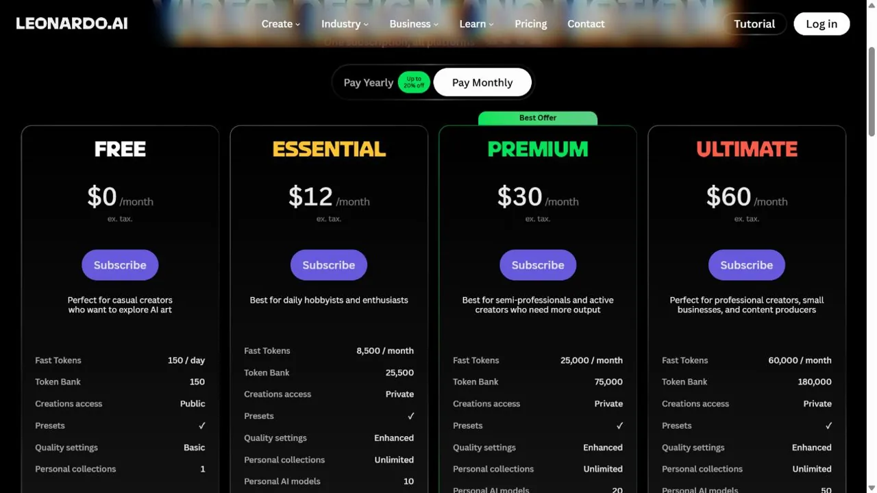 Leonardo AI Free, Essential, Premium, and Ultimate monthly plans