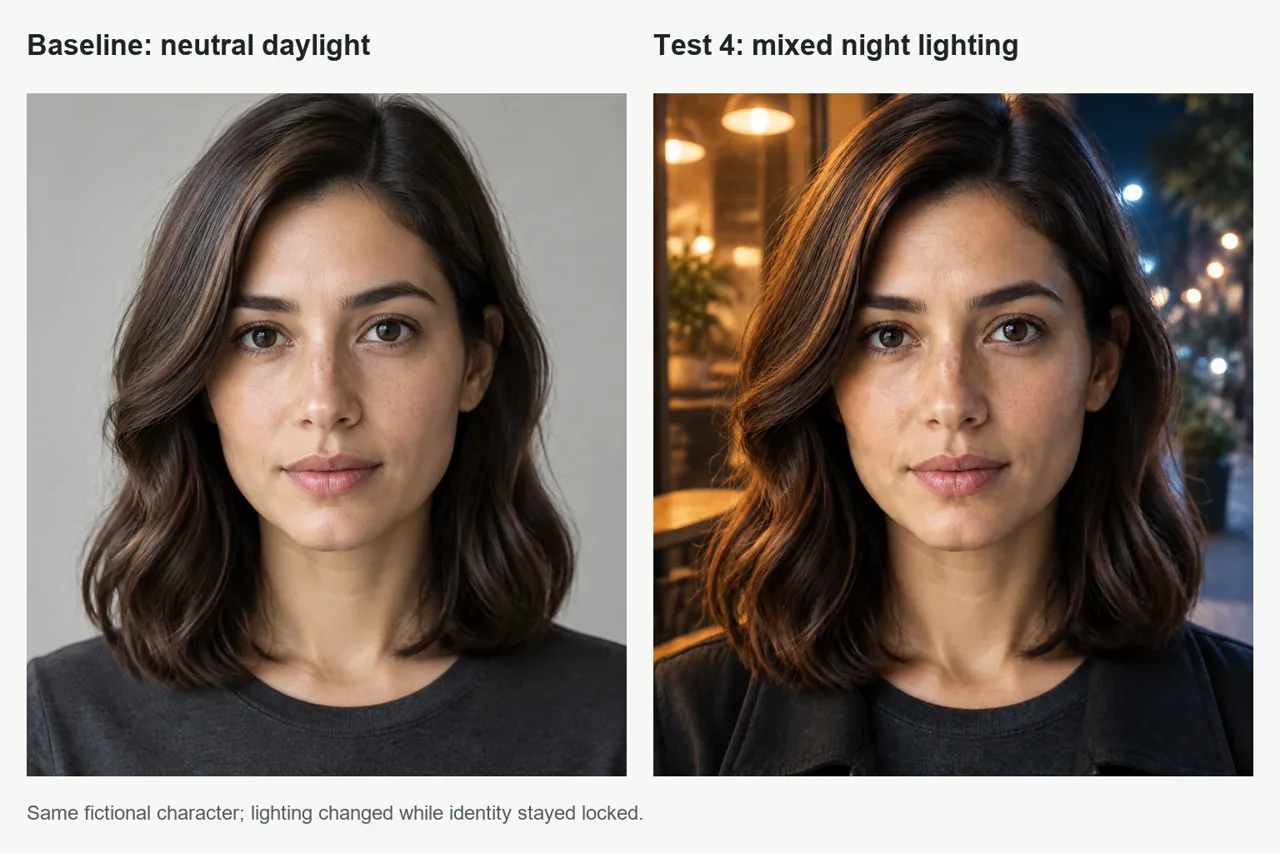 The same AI character under neutral daylight and mixed night lighting