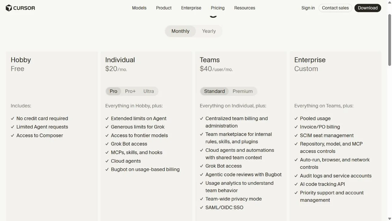 Cursor Hobby, Pro, Teams, and Enterprise official pricing plans