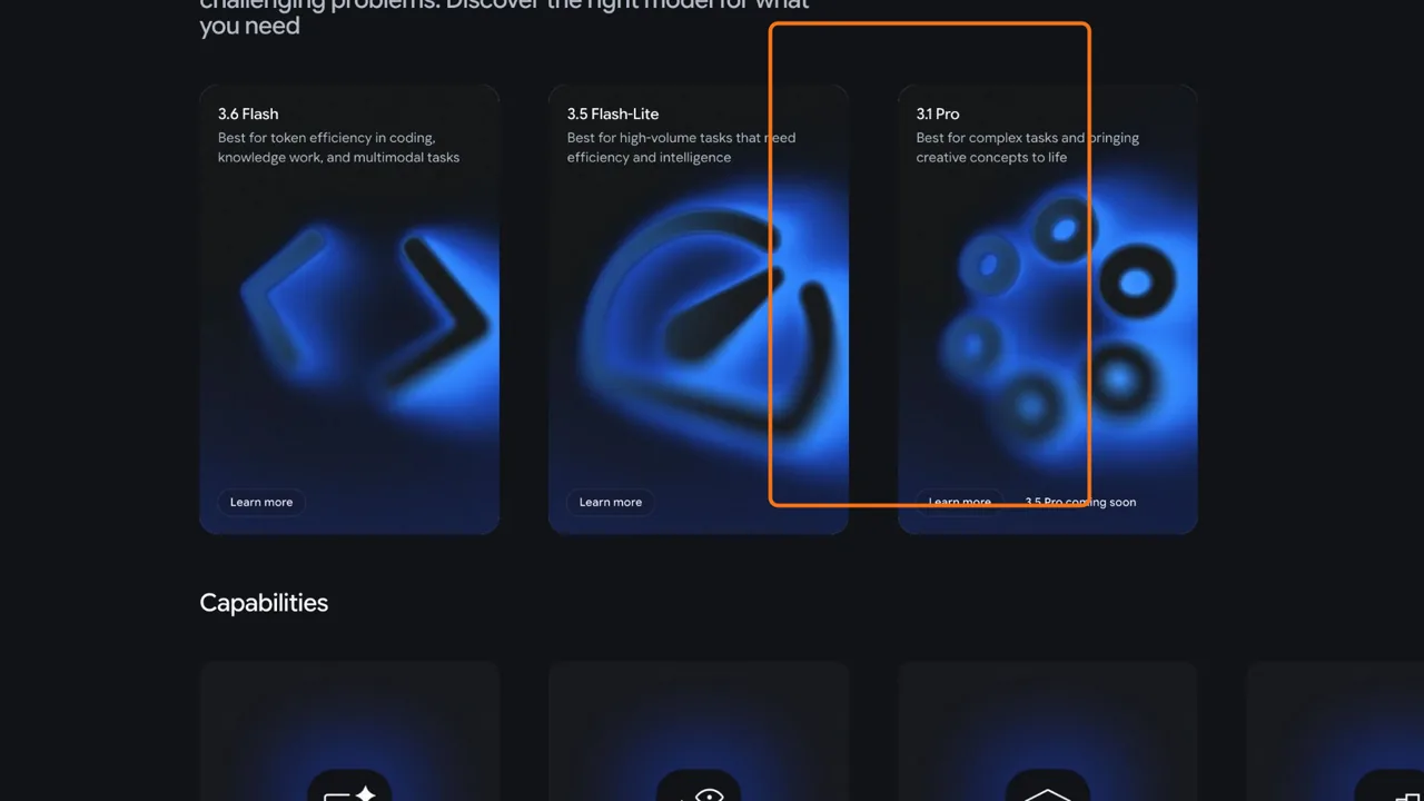 2026년 8월 13일 기준 Google DeepMind 모델 디렉토리에는 3.6 Flash, 3.5 Flash-Lite 및 3.1 Pro가 표시되어 있습니다.