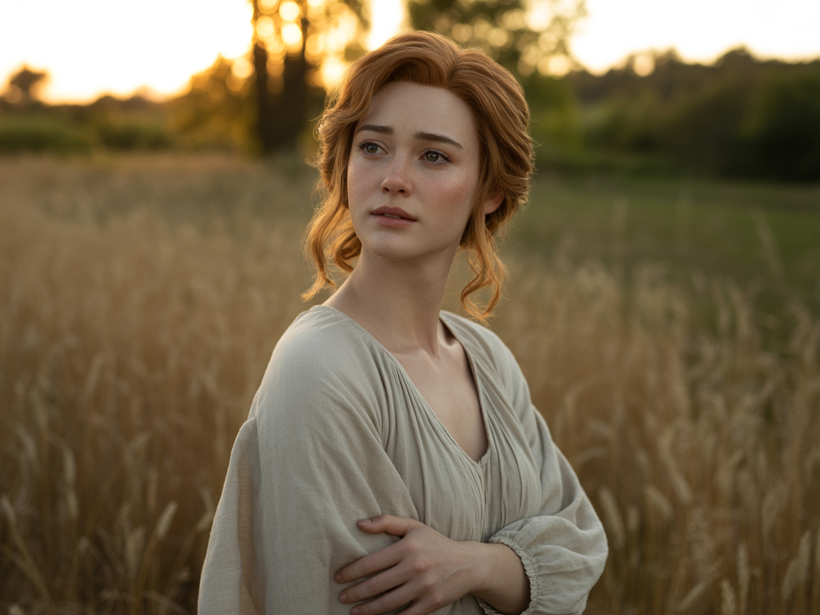 3D female character with realistic facial expression and natural makeup, photographed outdoors with golden hour lighting.