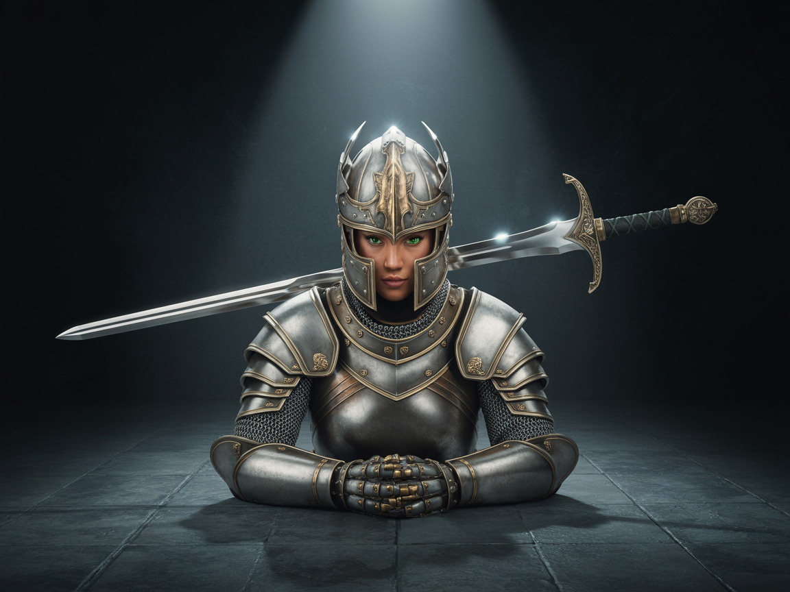 Realistic 3D fantasy warrior character wearing metallic armor, dramatic lighting, photo taken in a dark studio setting.