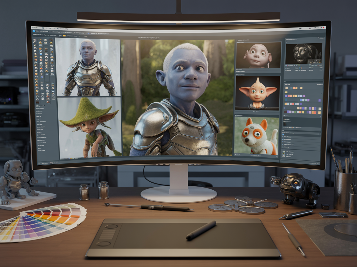 3D character designer’s workspace with multiple realistic character renders on screen, cinematic composition, shallow focus.