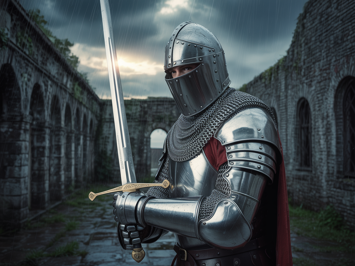 Realistic 3D model of a medieval knight holding a sword, shot in dramatic lighting, fine texture details, photo-real aesthetic.