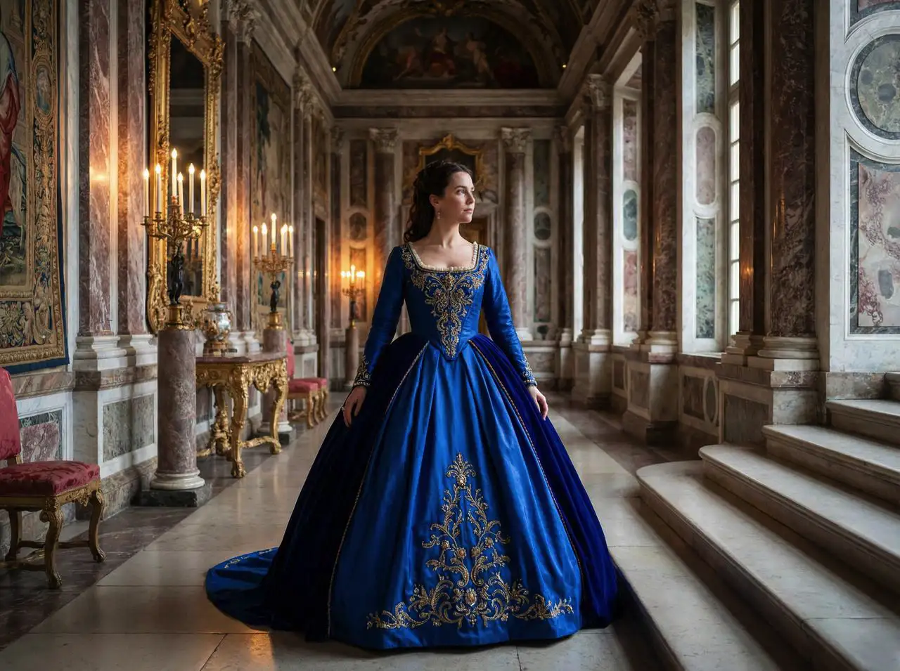 A woman in a royal blue ball gown, standing in an opulent palace hallway, soft lighting, luxurious fabric texture.