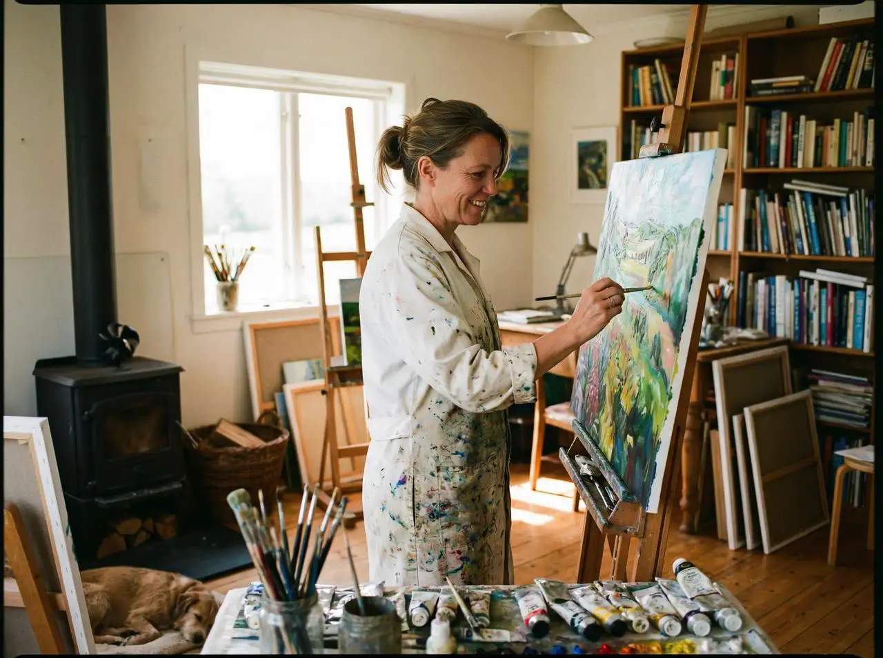 A female artist in a smock, painting on a canvas in her studio, surrounded by art supplies and a cozy atmosphere.