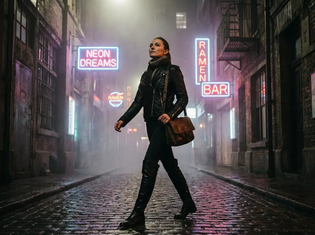 A woman in a sleek black leather jacket and boots, walking confidently through a foggy city alleyway with neon lights.