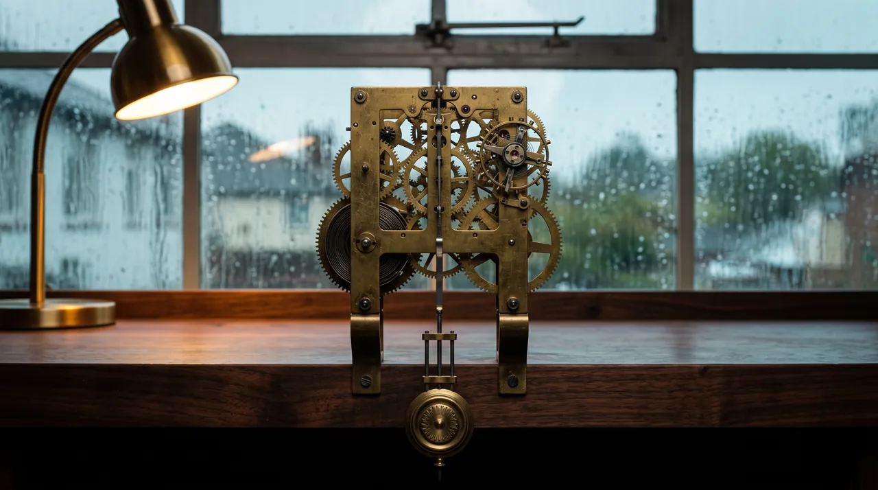 An antique clock mechanism composed as a still frame before animation