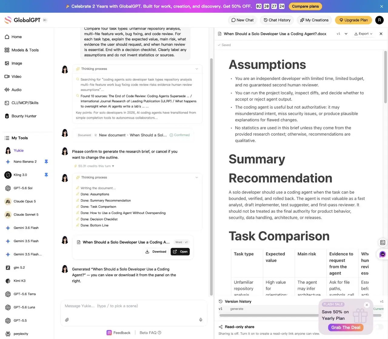 Structured coding-agent research brief result in the Yukie web interface
