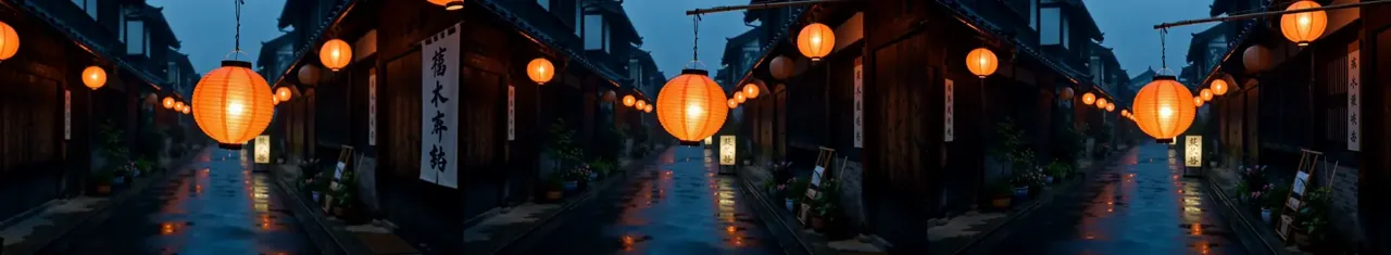 Three sampled frames from a lantern street AI video output