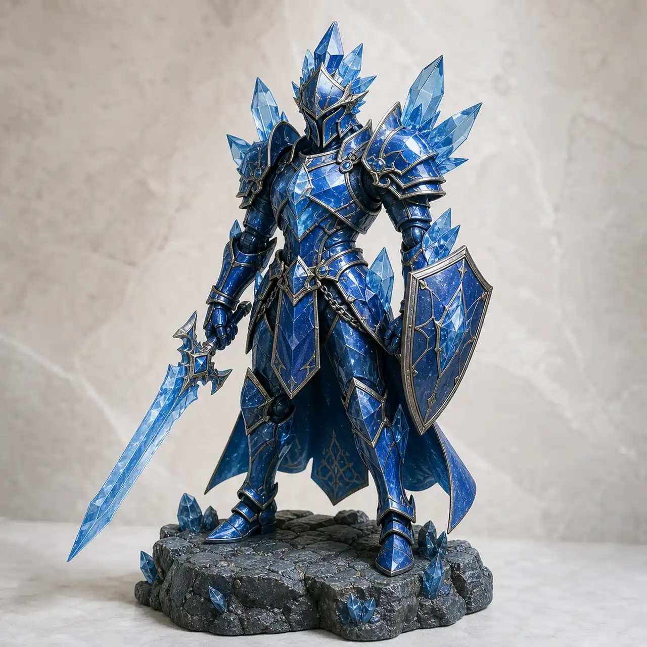 A fantasy crystal knight with translucent weapons, metallic paint, articulated armor, and a sculpted display base.