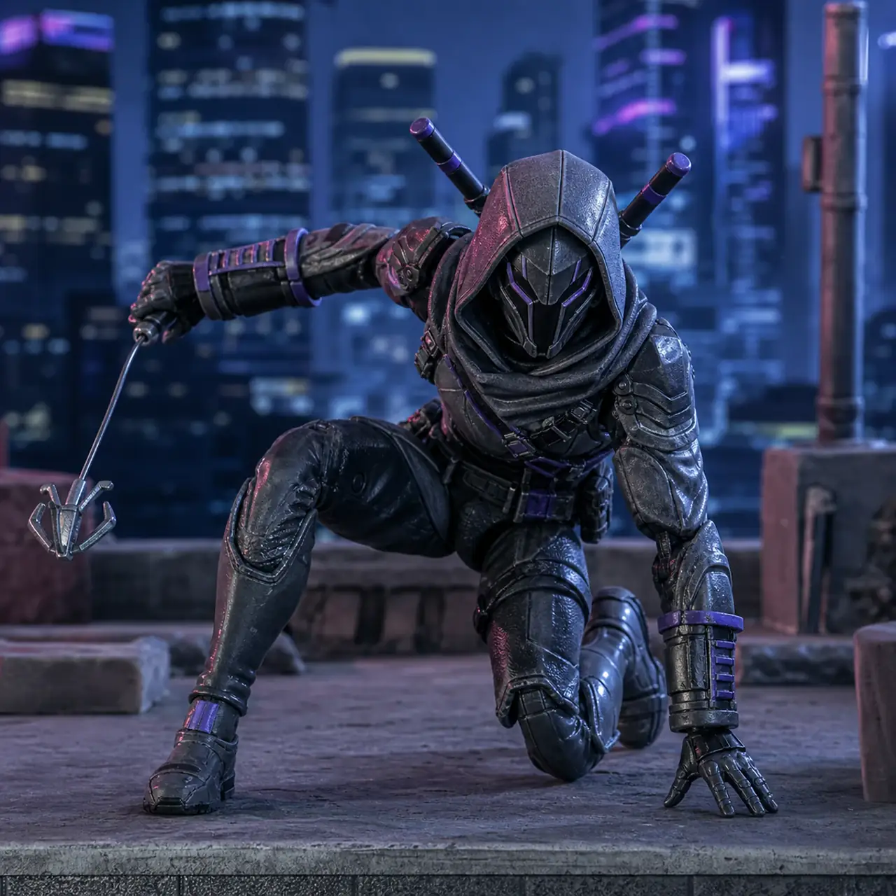 An urban shadow runner posed on a miniature rooftop with technical armor, a helmet, and compact accessories.