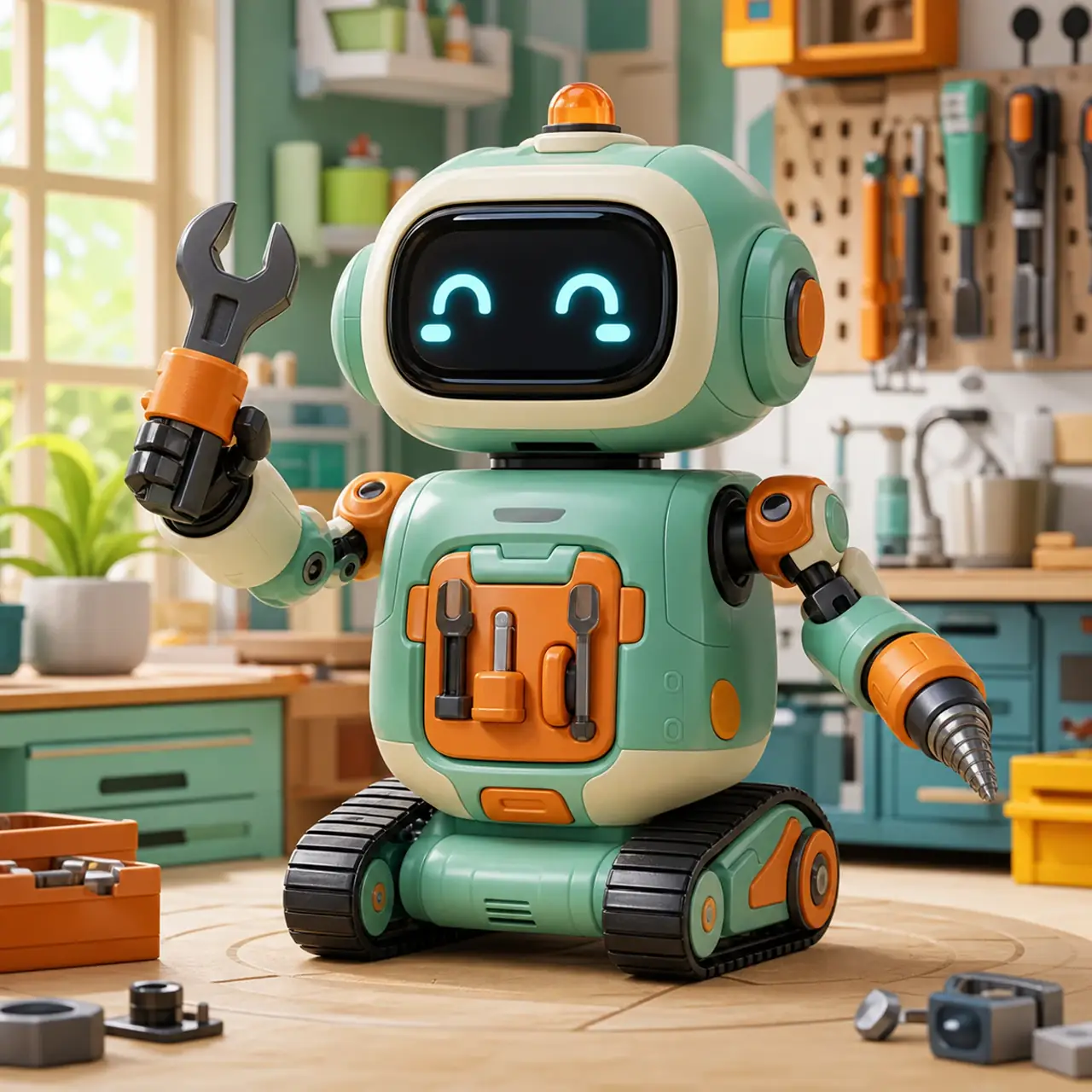 A friendly utility robot with rounded body panels, tool attachments, tracked feet, and a bright workshop setting.