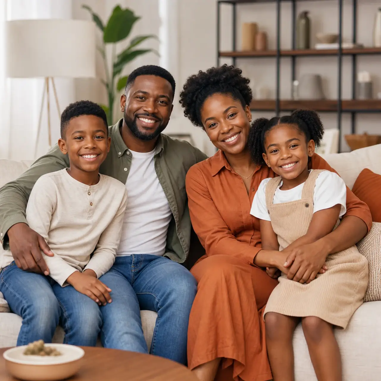 A cozy at-home portrait that captures natural connection with warm colors and clean editorial lighting.