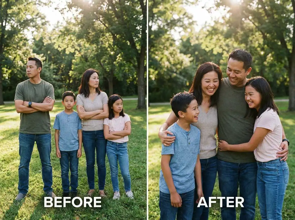 Family members scattered → Close-knit group photos