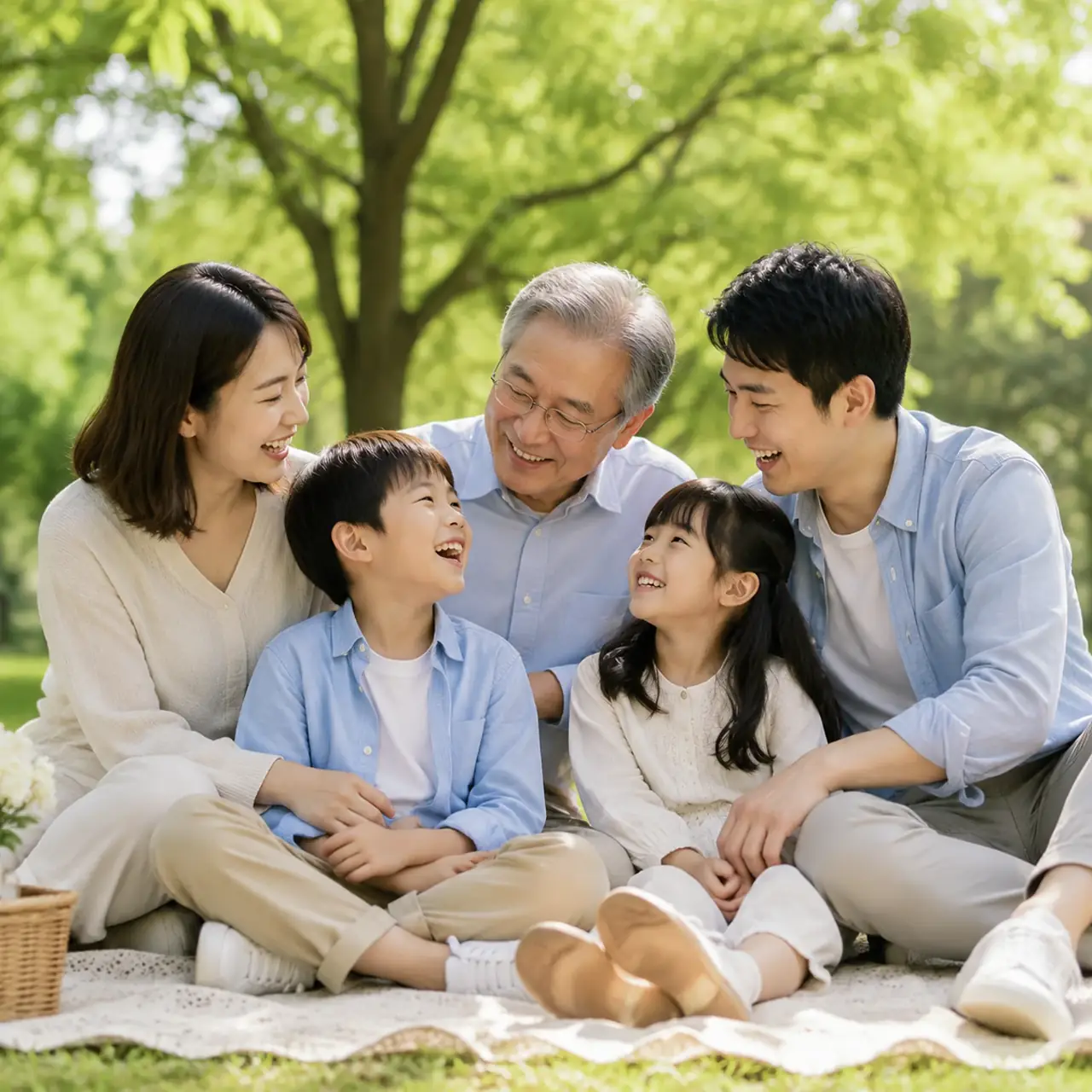 A relaxed outdoor portrait with candid smiles, soft daylight, and the easy warmth of a family day in the park.