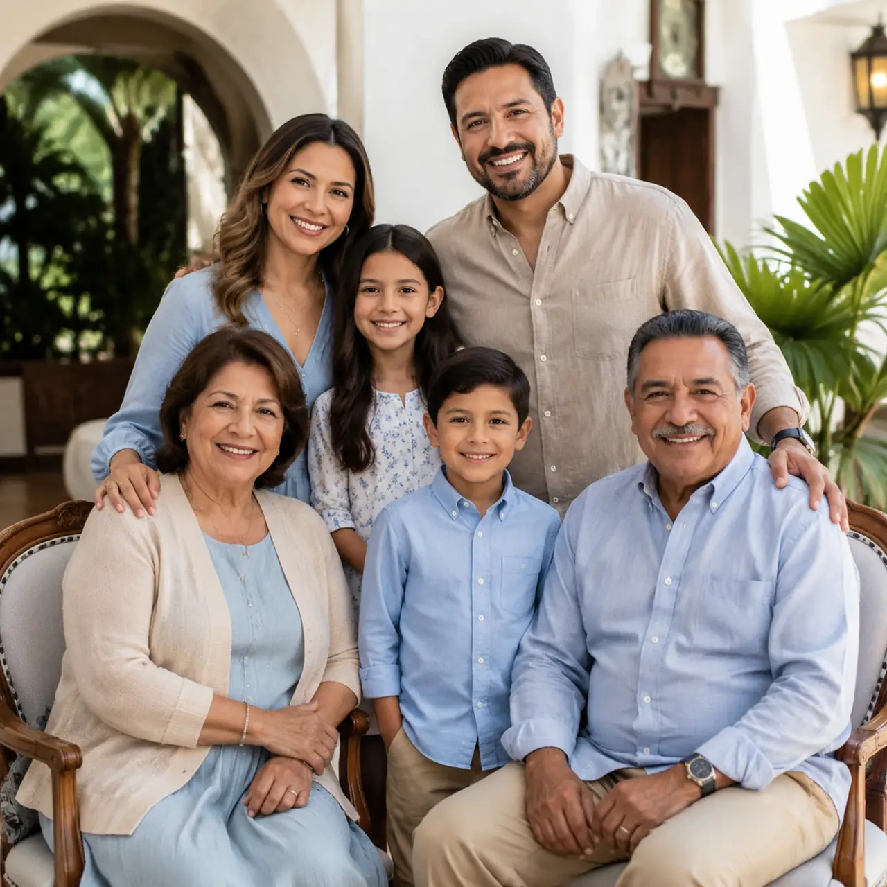 A polished three-generation portrait designed to bring grandparents, parents, and children into one timeless composition.
