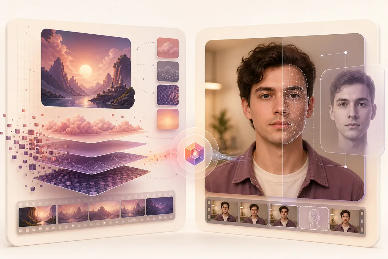 Illustration comparing a fully AI-generated scene with identity manipulation inside camera-recorded video