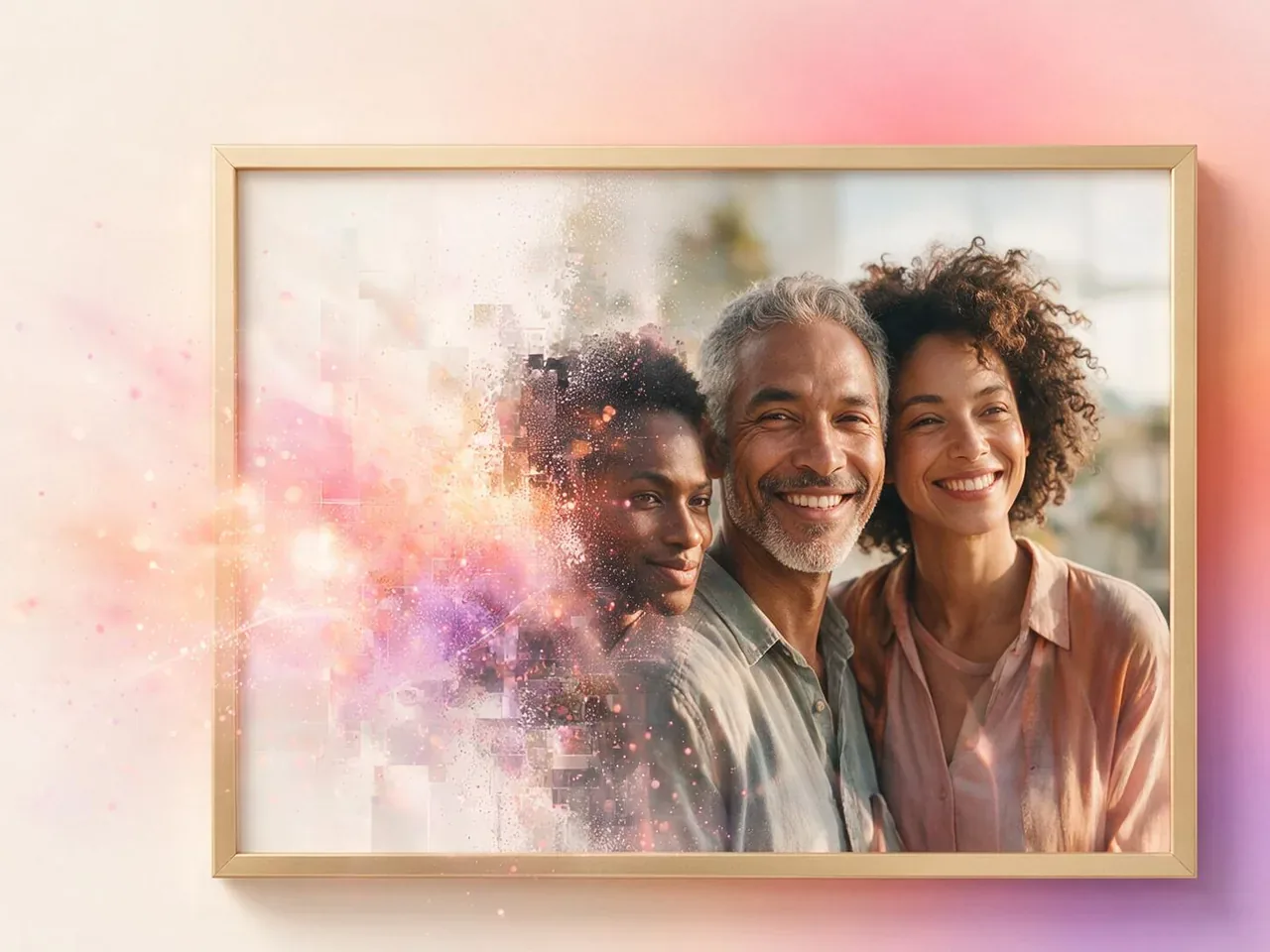 AI image detector concept with a portrait transitioning into subtle pixel patterns